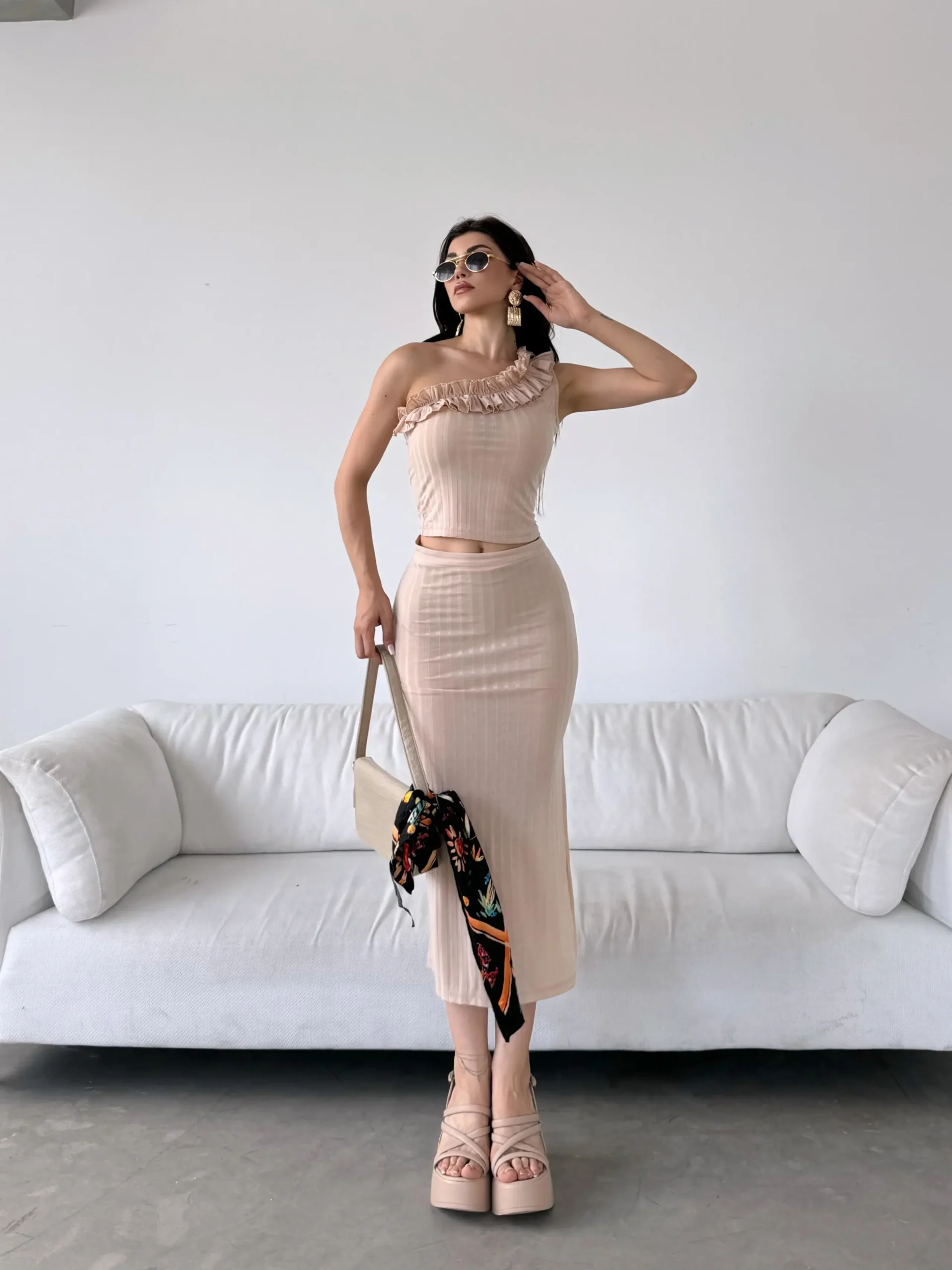 Beige One-Shoulder Ruffle Detailed Skirt and Blouse Co-Ord Set