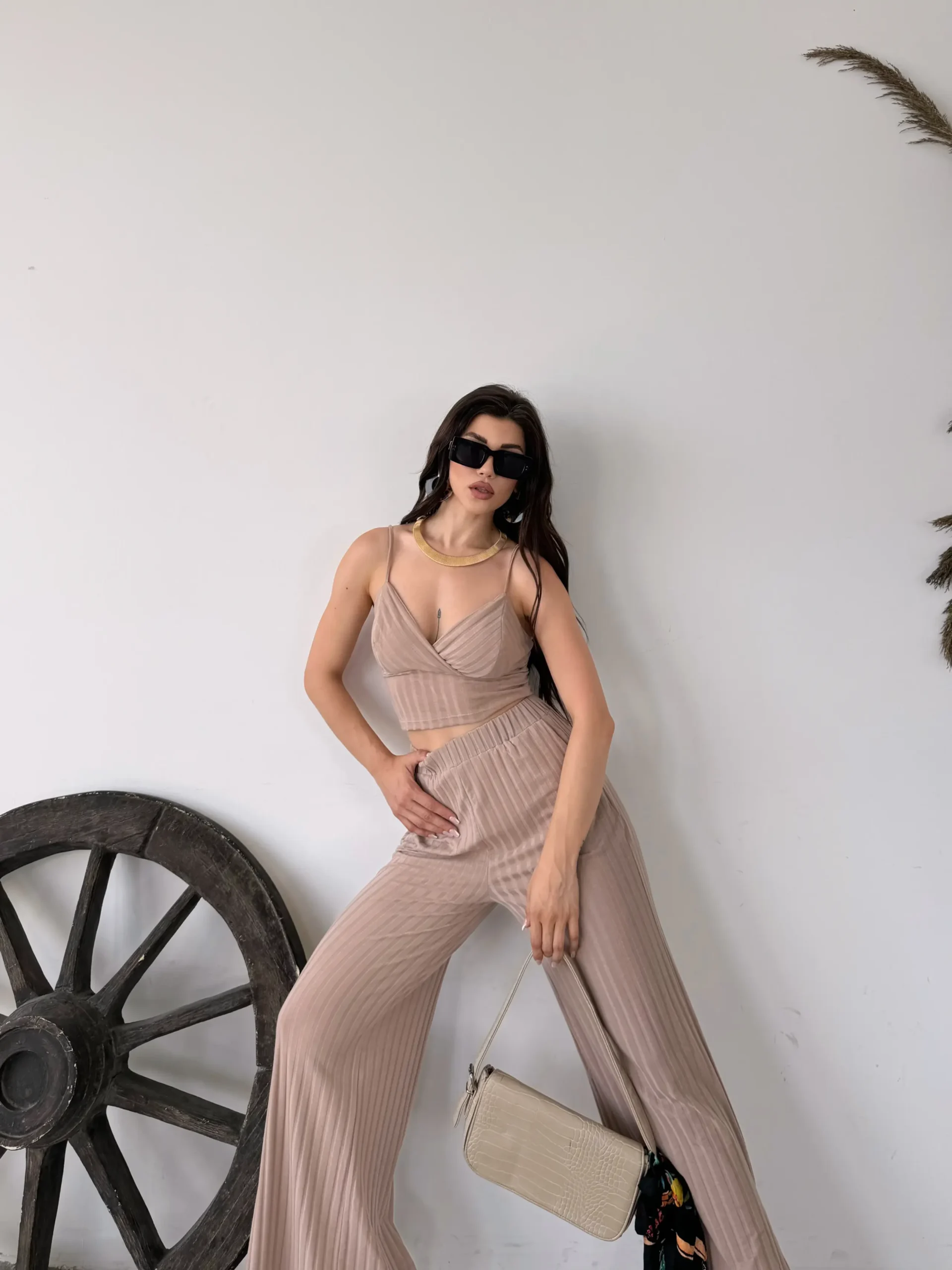 Beige Strappy Crop Top and Slit Detail Pants Two-Piece Set