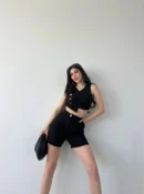 Black Double-Breasted Button-Detail Crop Vest and Shorts Set