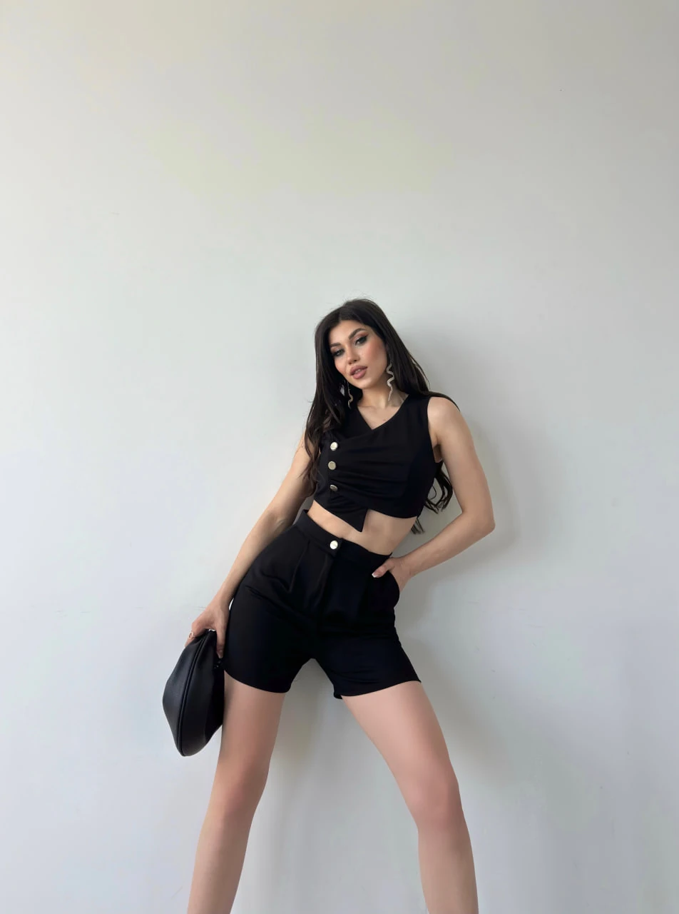 Black Double-Breasted Button-Detail Crop Vest and Shorts Set