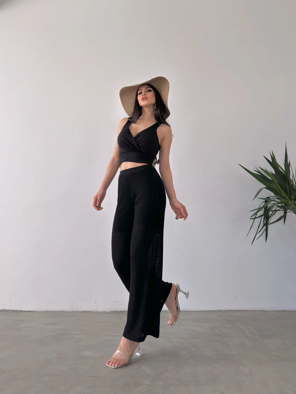 Black Double-Breasted Crop Top & Detailed Knit Pants Co-Ord Set