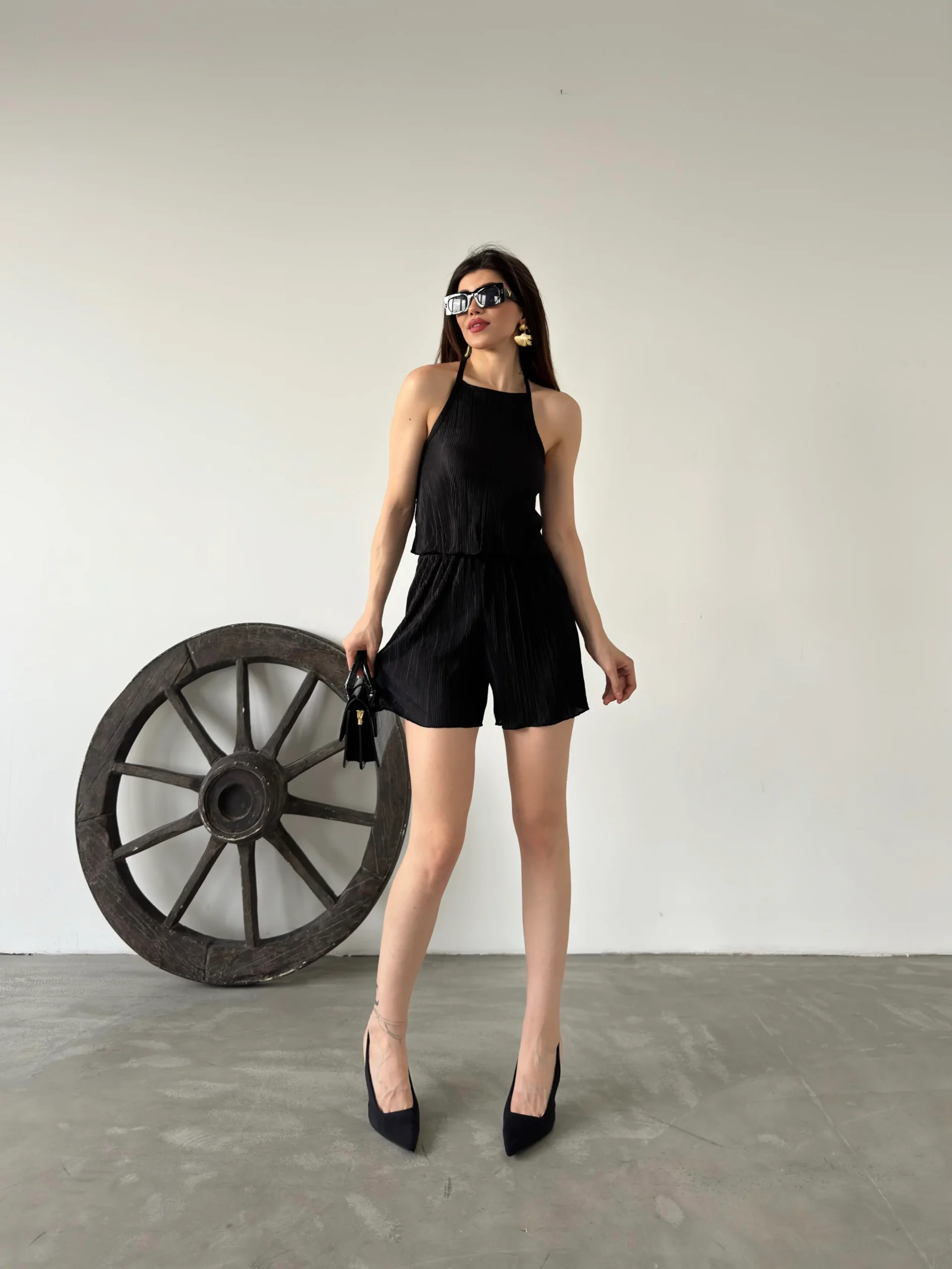 Black Halter Neck Pleated Two-Piece Set