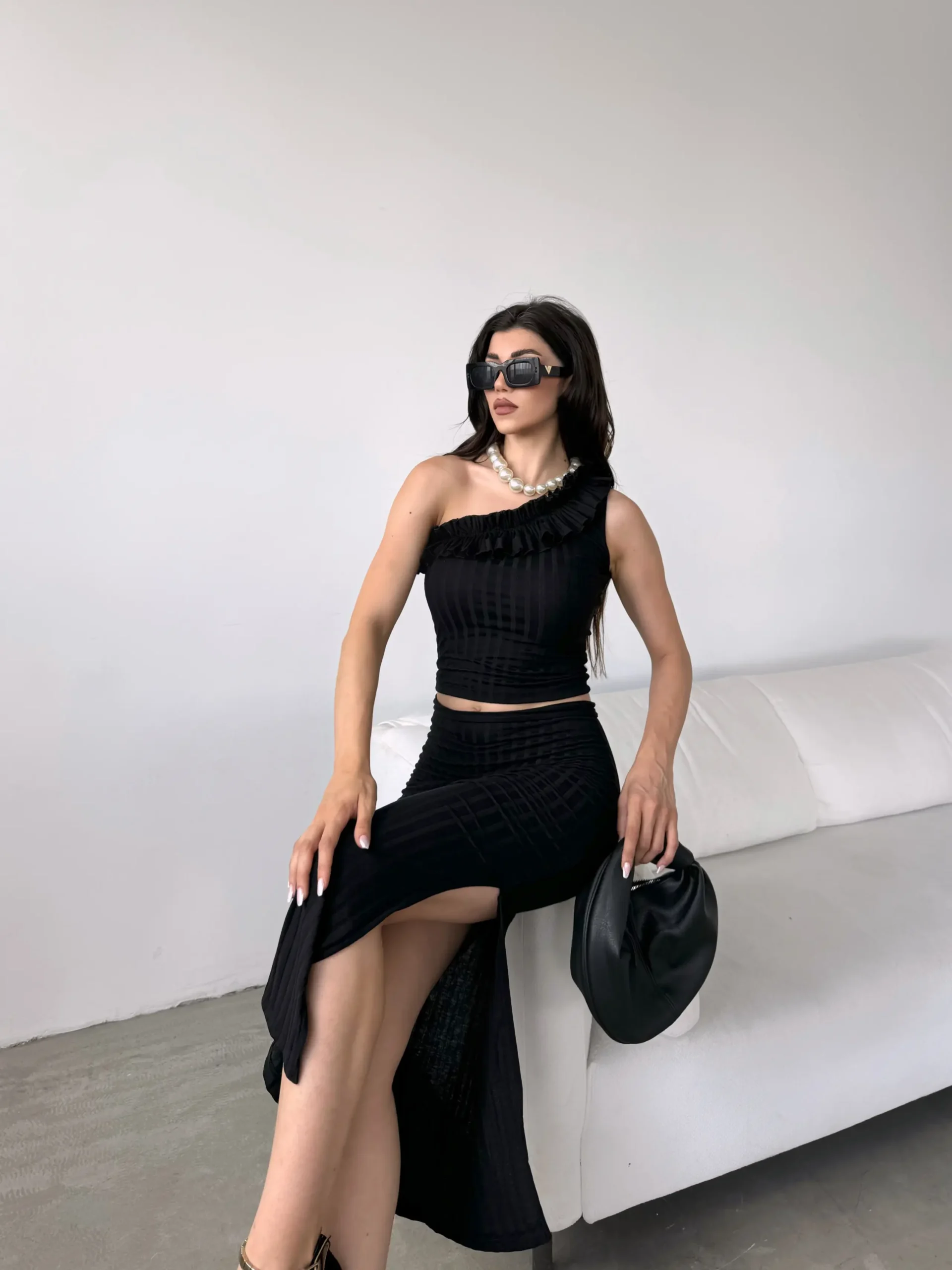 Black One-Shoulder Ruffle Detailed Skirt and Blouse Co-Ord Set