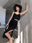 Black Ruffle Detail Knit Crop Top & Skirt Set