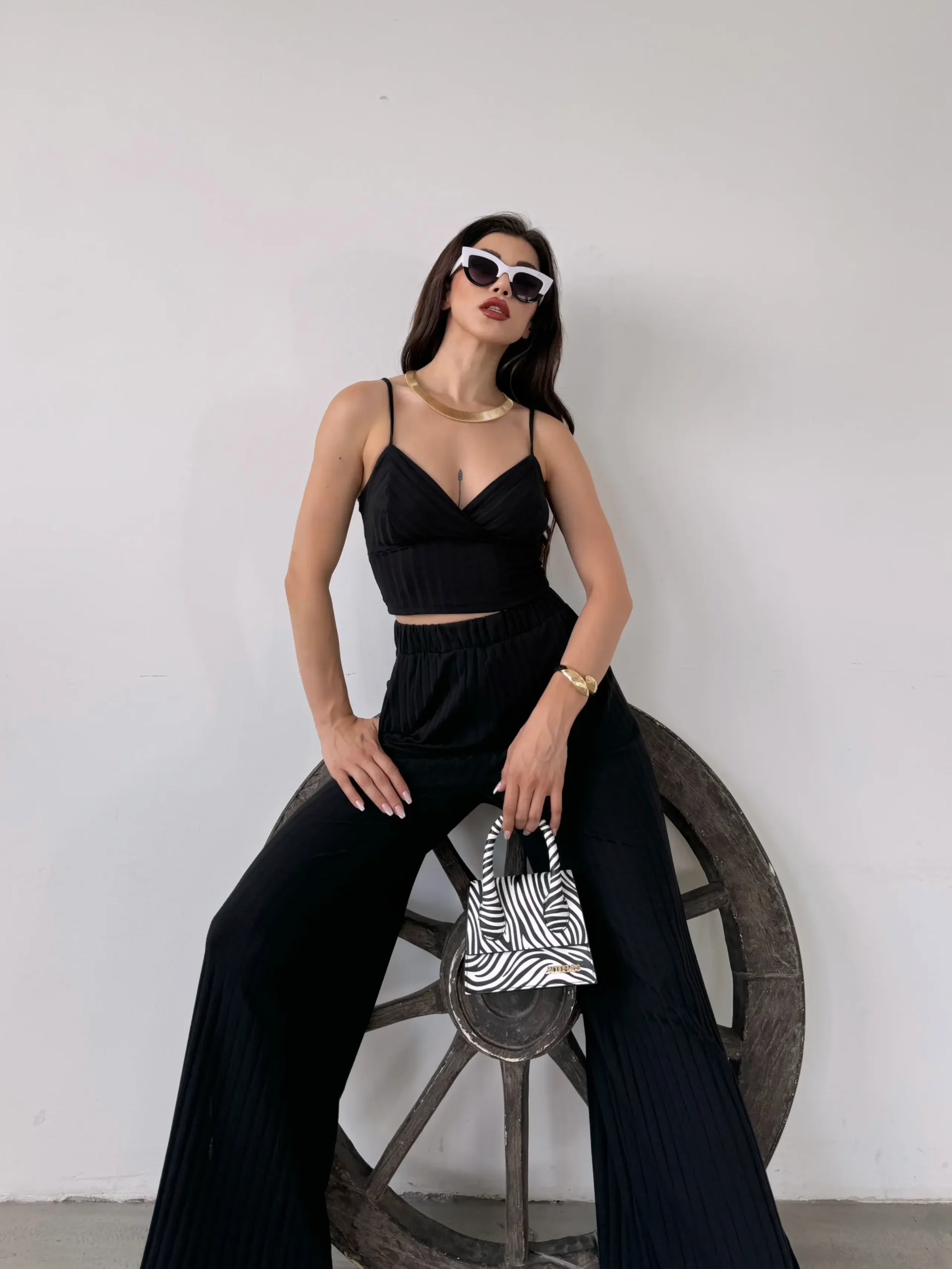 Black Strappy Crop Top and Slit Detail Pants Two-Piece Set