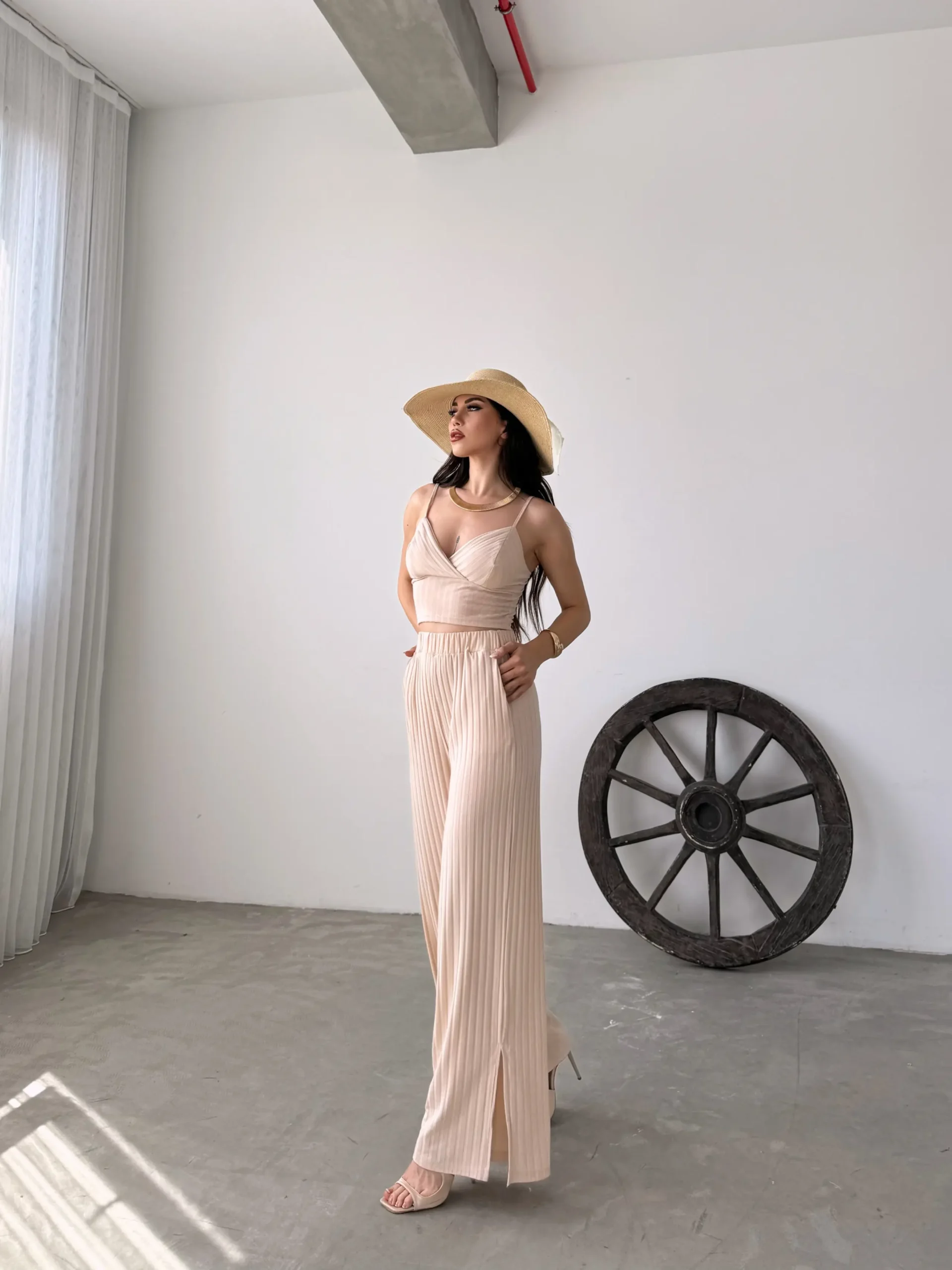 Cream Strappy Crop Top and Slit Detail Pants Two-Piece Set