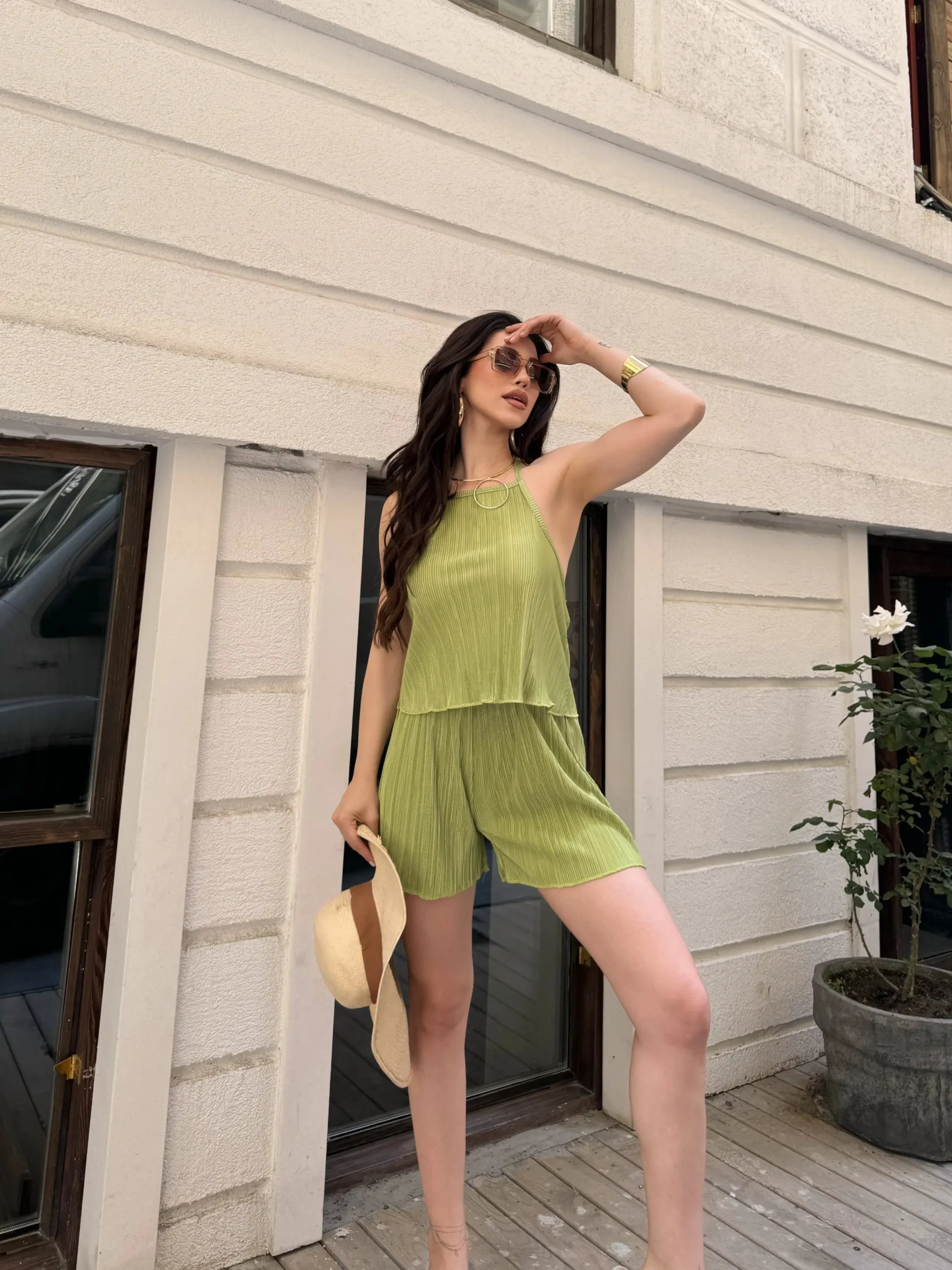 Green Halter Neck Pleated Two-Piece Set