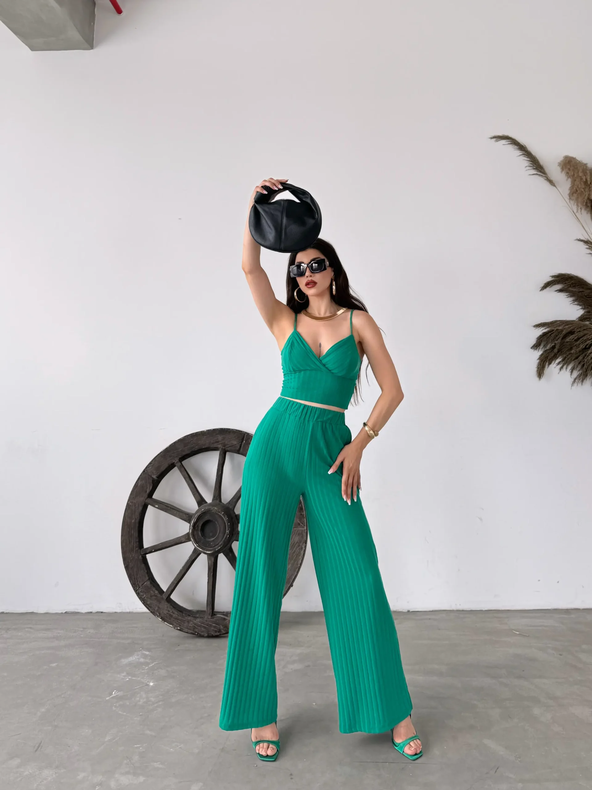 Green Strappy Crop Top and Slit Detail Pants Two-Piece Set