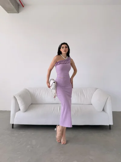Lilac One-Shoulder Ruffle Detailed Skirt and Blouse Co-Ord Set