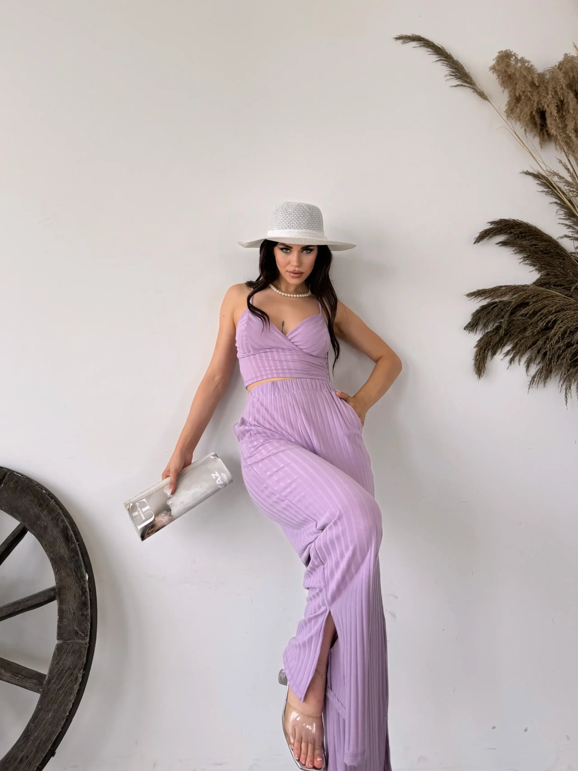 Lilac Strappy Crop Top and Slit Detail Pants Two-Piece Set