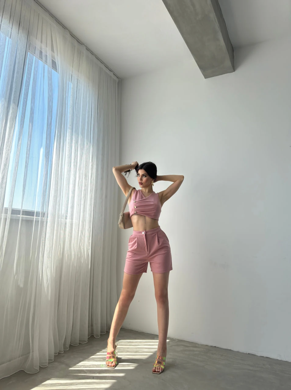 Powder Pink Double-Breasted Button-Detail Crop Vest and Shorts Set