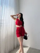 Red Double-Breasted Button-Detail Crop Vest and Shorts Set