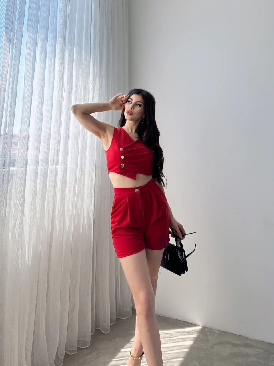 Red Double-Breasted Button-Detail Crop Vest and Shorts Set