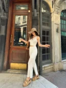 White Double-Breasted Crop Top & Detailed Knit Pants Co-Ord Set